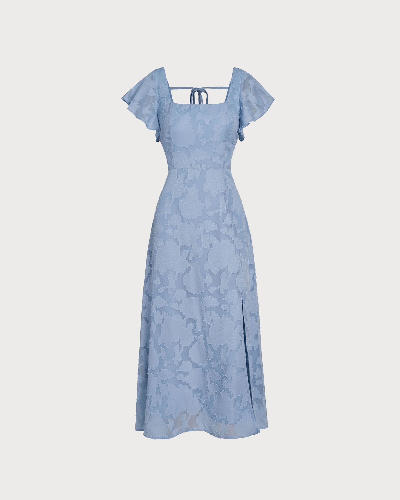 Teresa | Vestido Midi de Jacquard Floral Azul Mujer Escote Cuadrado