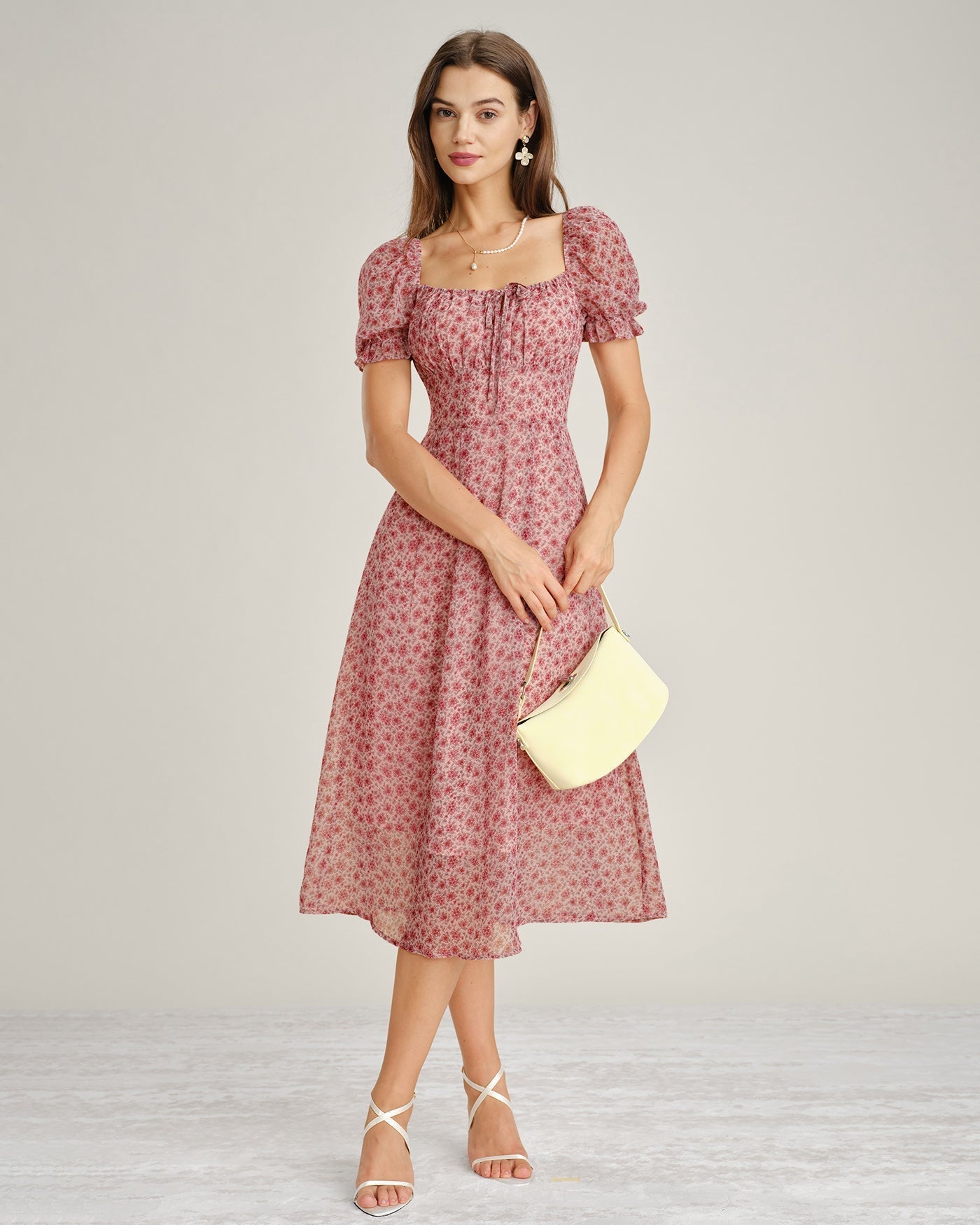 Nieves | Vestido Midi de Gasa Floral Rosa Mujer Escote Cuadrado