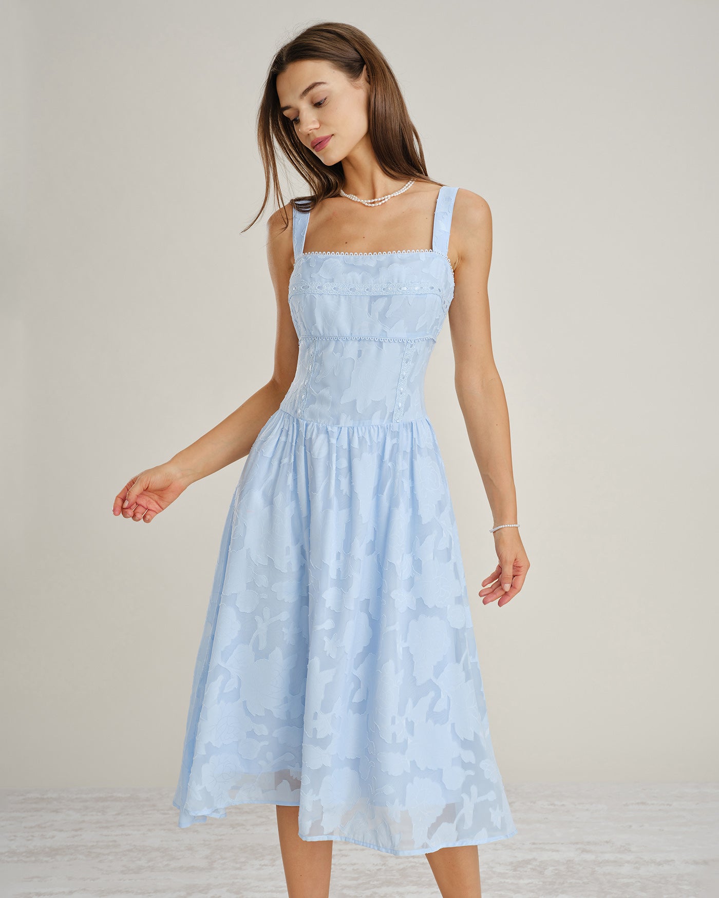 Inés | Vestido Midi de Jacquard y Encaje Azul Mujer Escote Cuadrado