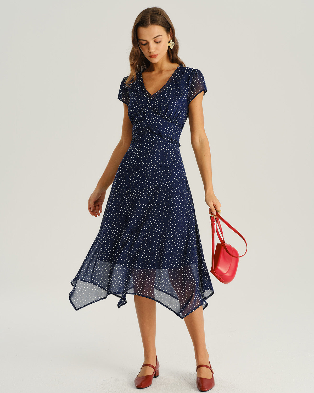 Rocío | Vestido Midi de Lunares Azul Marino Mujer Escote V Cruzado