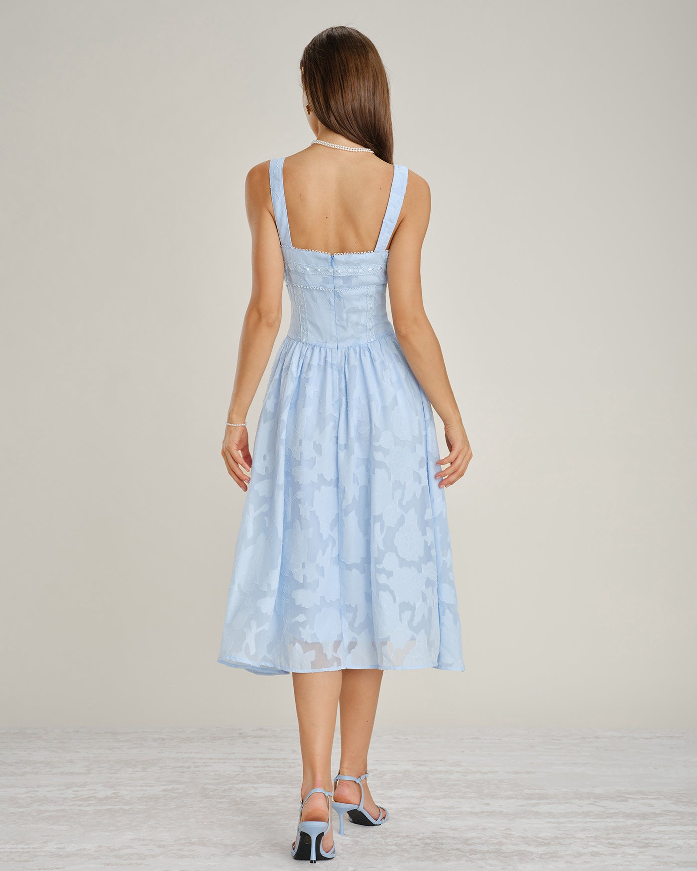 Inés | Vestido Midi de Jacquard y Encaje Azul Mujer Escote Cuadrado