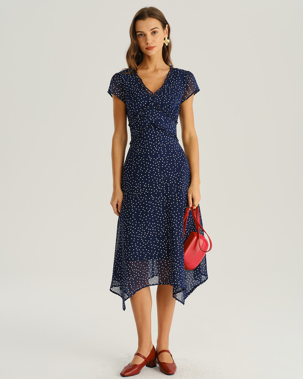 Rocío | Vestido Midi de Lunares Azul Marino Mujer Escote V Cruzado