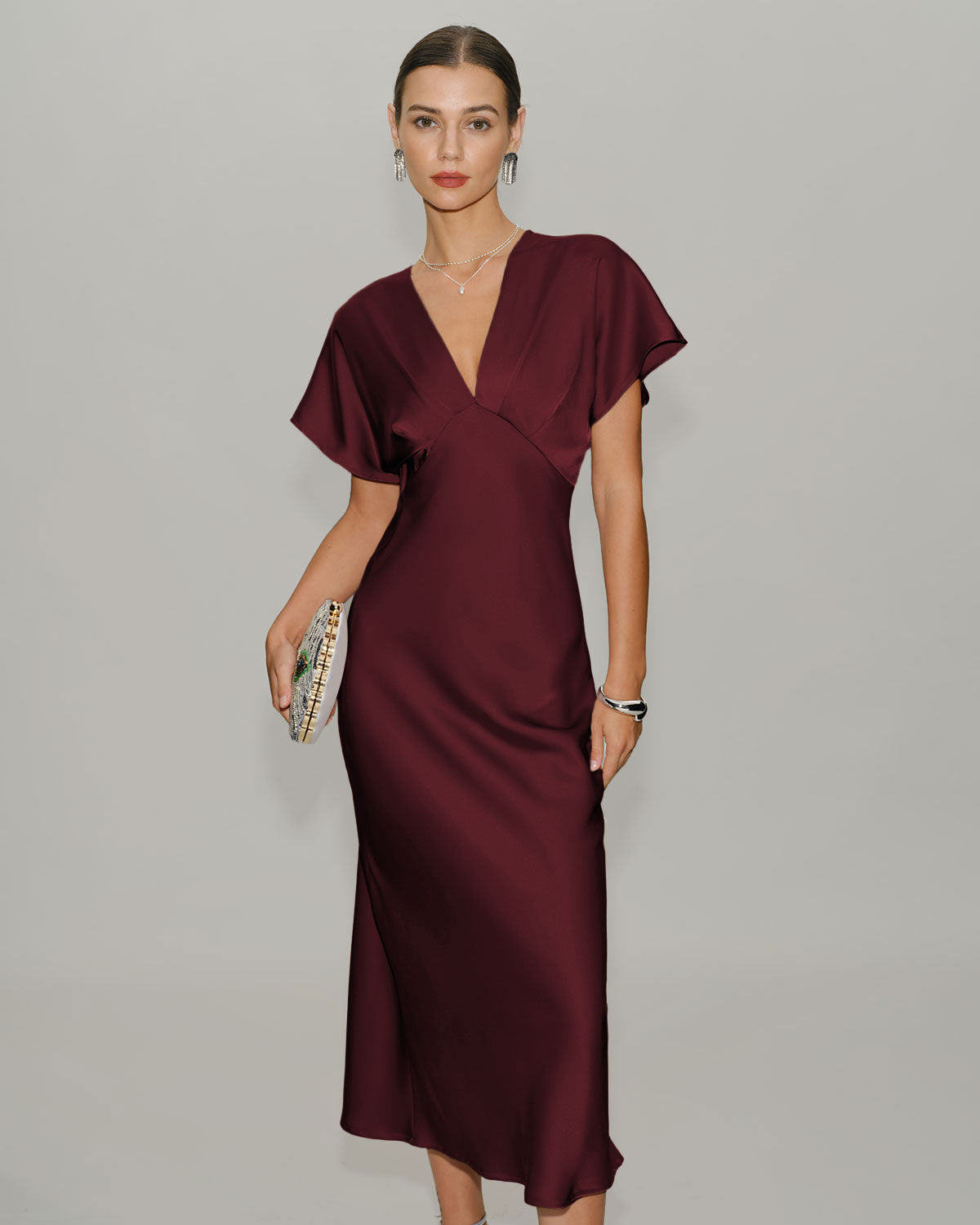 Elvira | Vestido Midi de Satén Burdeos Mujer Escote V Manga Drapeada