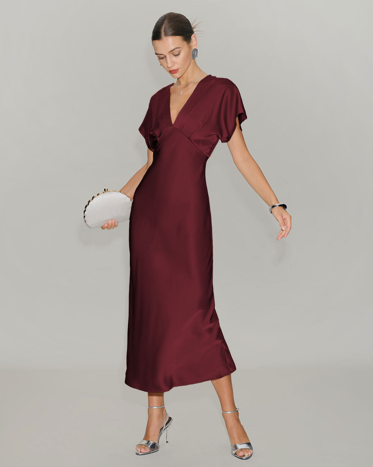 Elvira | Vestido Midi de Satén Burdeos Mujer Escote V Manga Drapeada