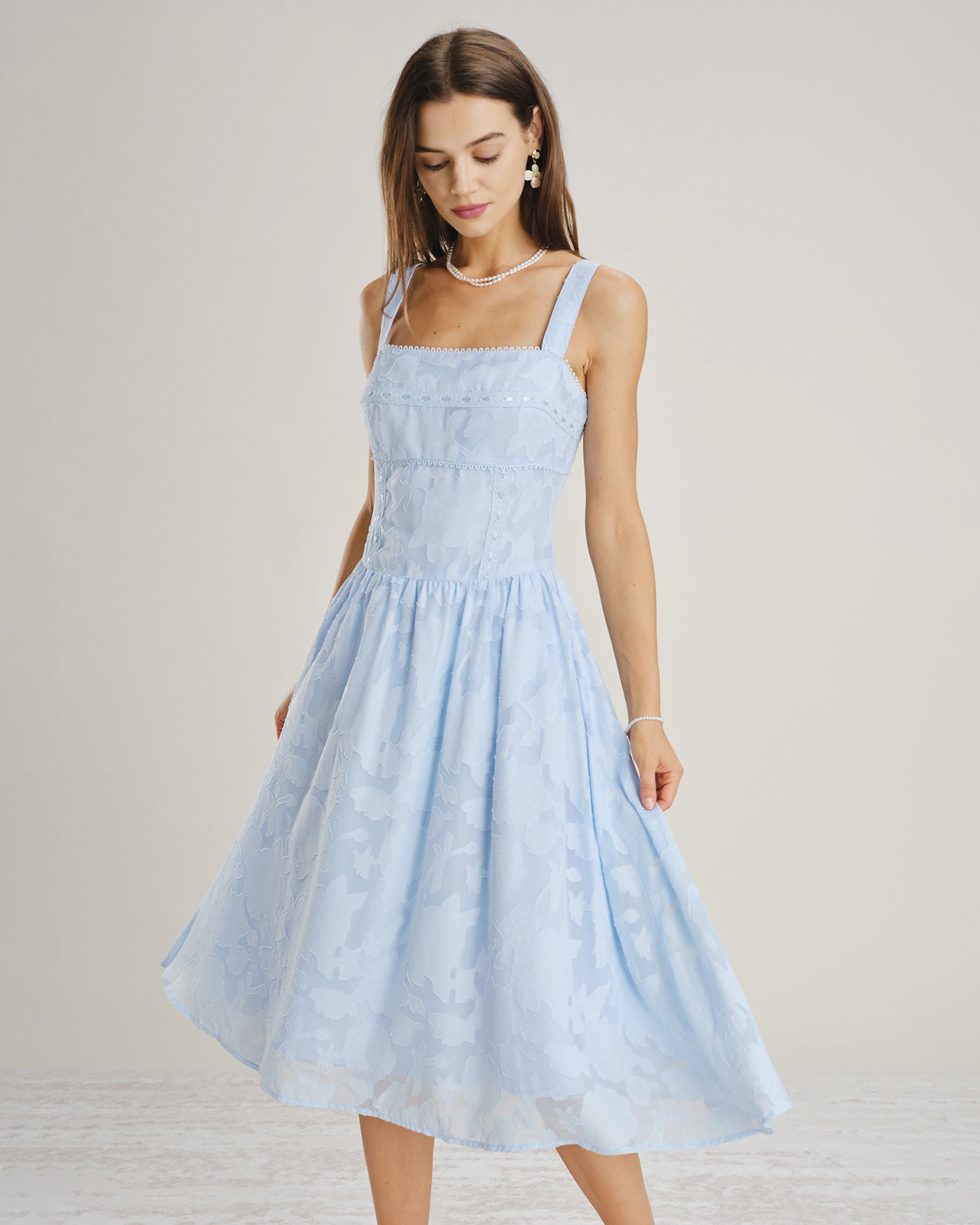 Inés | Vestido Midi de Jacquard y Encaje Azul Mujer Escote Cuadrado