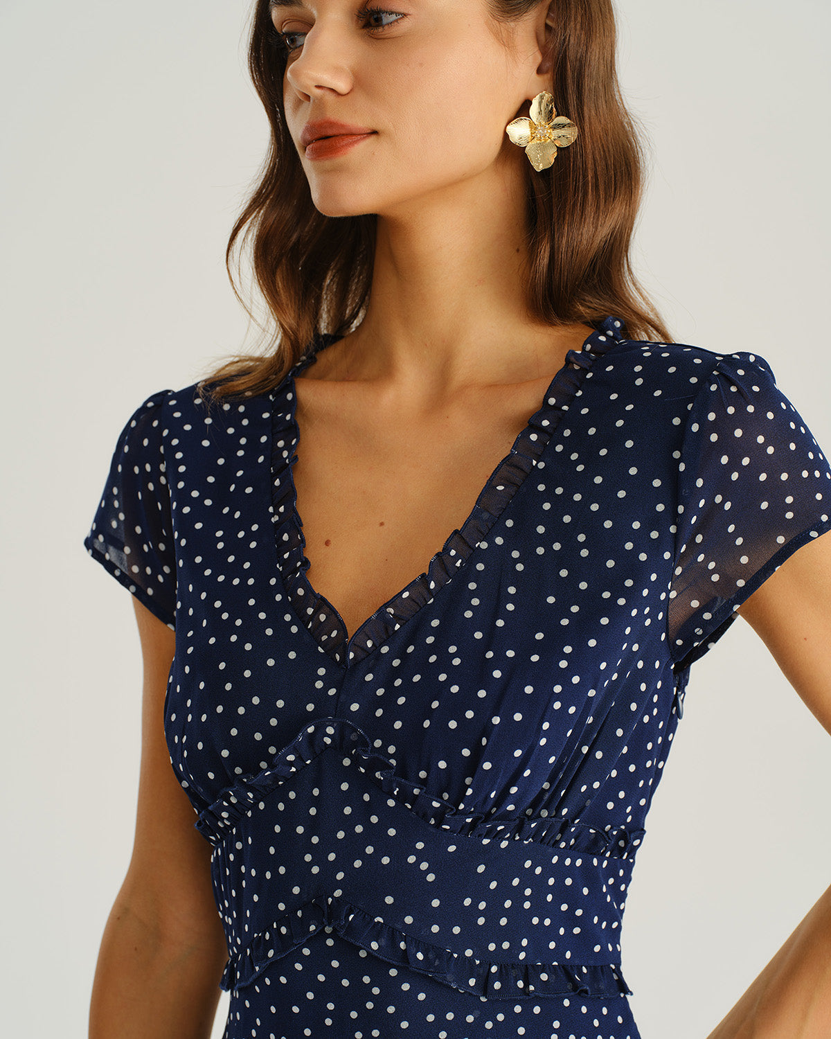 Rocío | Vestido Midi de Lunares Azul Marino Mujer Escote V Cruzado