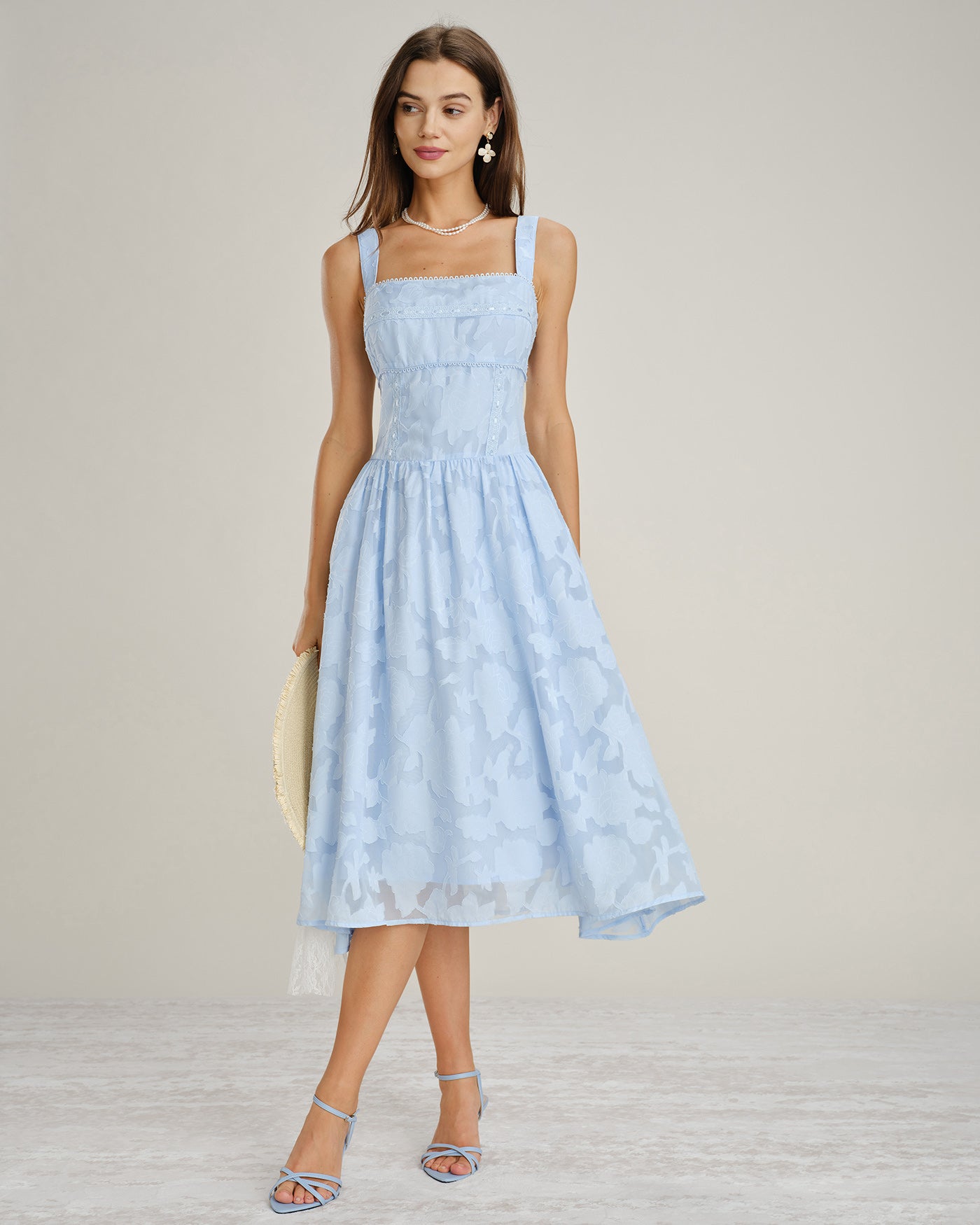 Inés | Vestido Midi de Jacquard y Encaje Azul Mujer Escote Cuadrado
