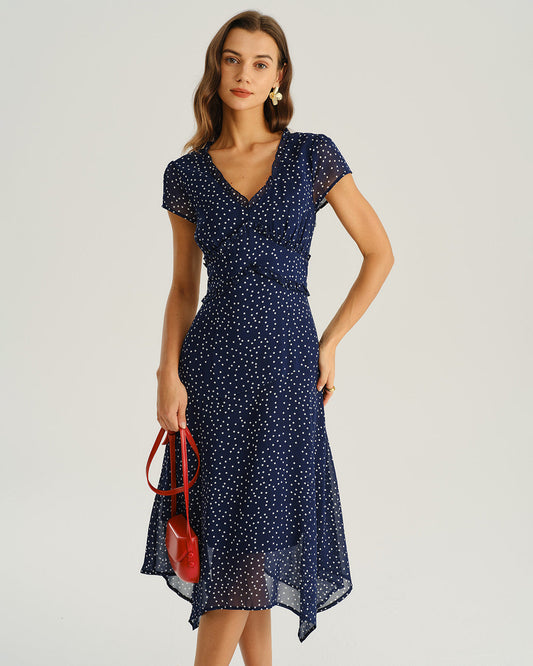 Rocío | Vestido Midi de Lunares Azul Marino Mujer Escote V Cruzado