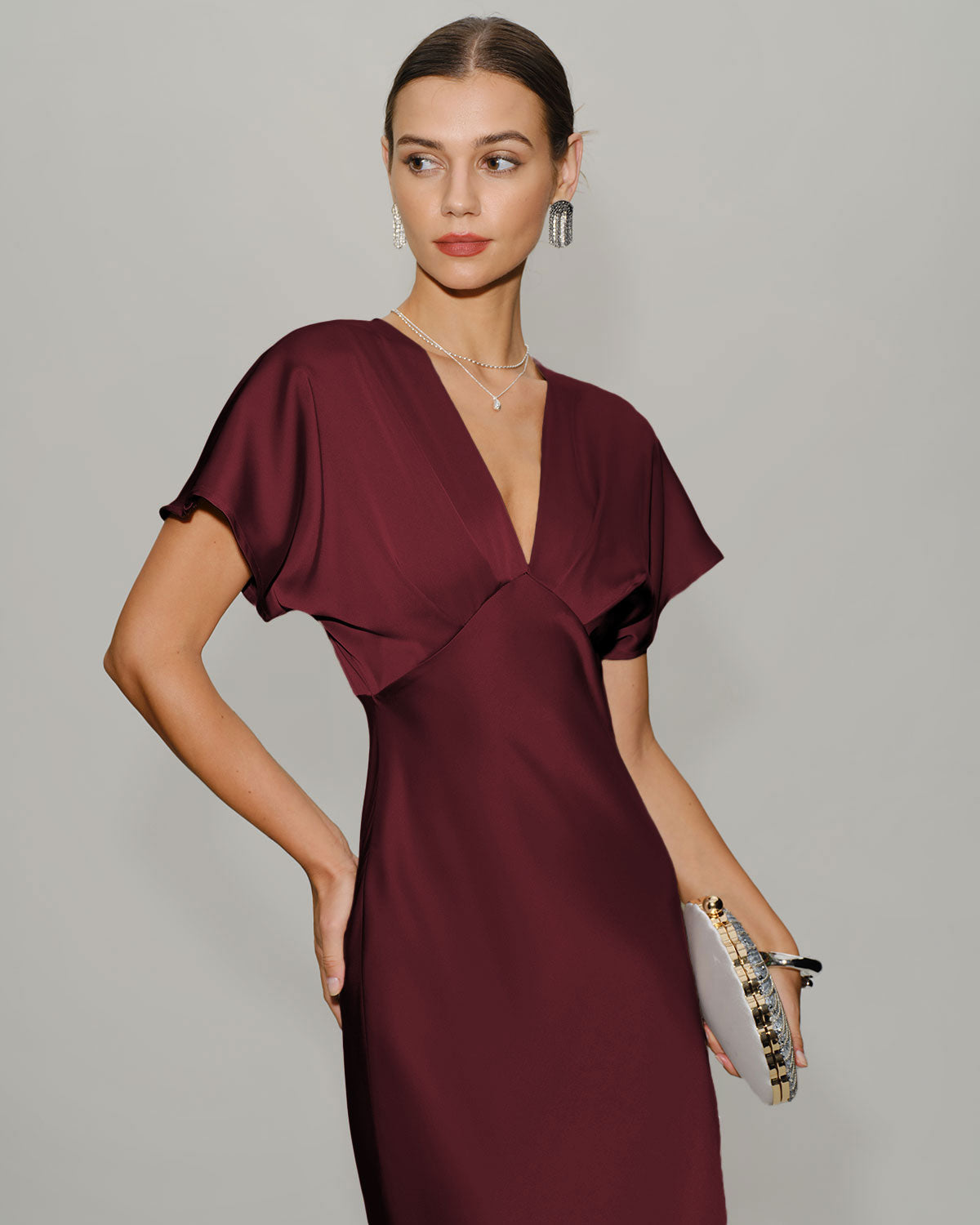 Elvira | Vestido Midi de Satén Burdeos Mujer Escote V Manga Drapeada