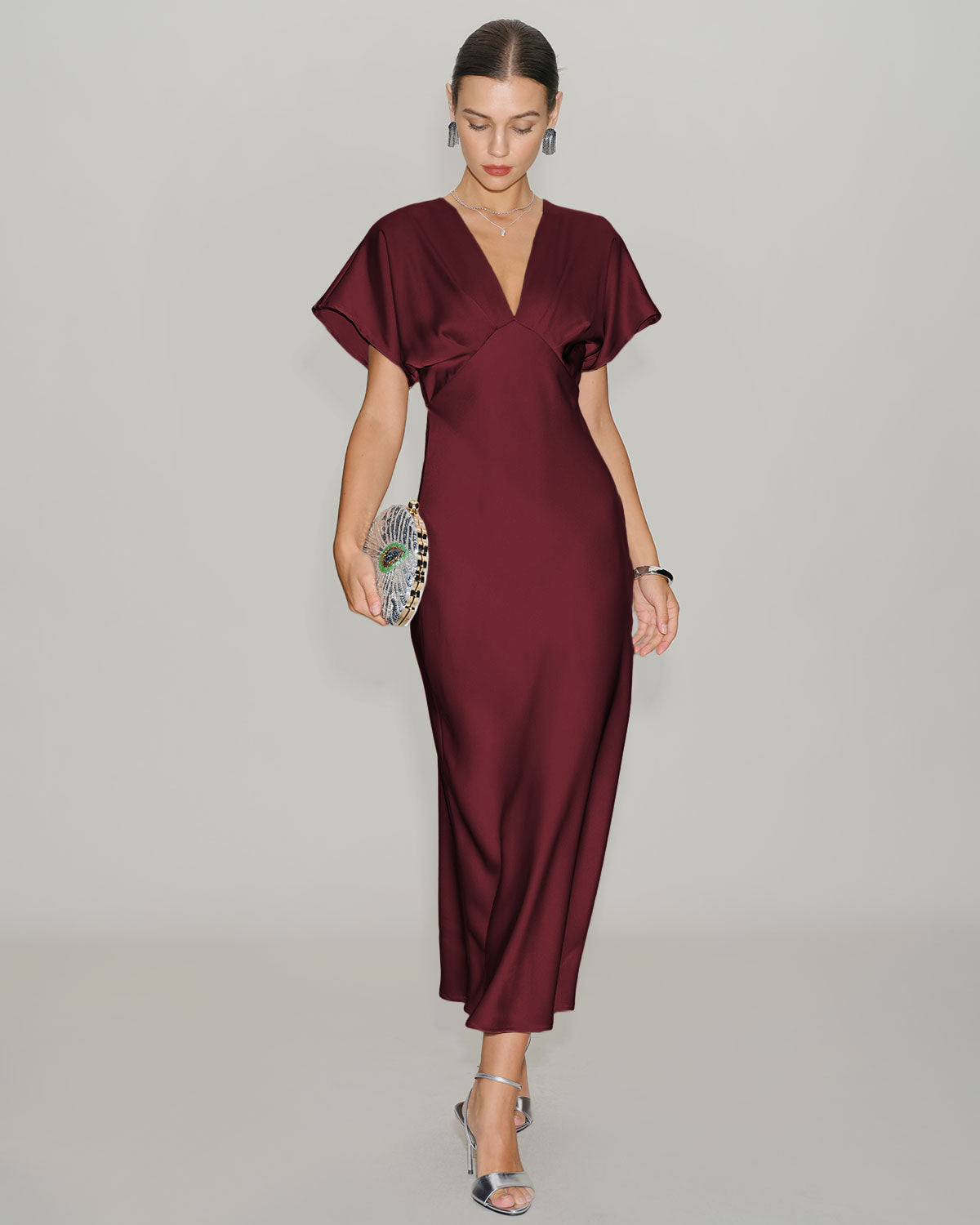 Elvira | Vestido Midi de Satén Burdeos Mujer Escote V Manga Drapeada